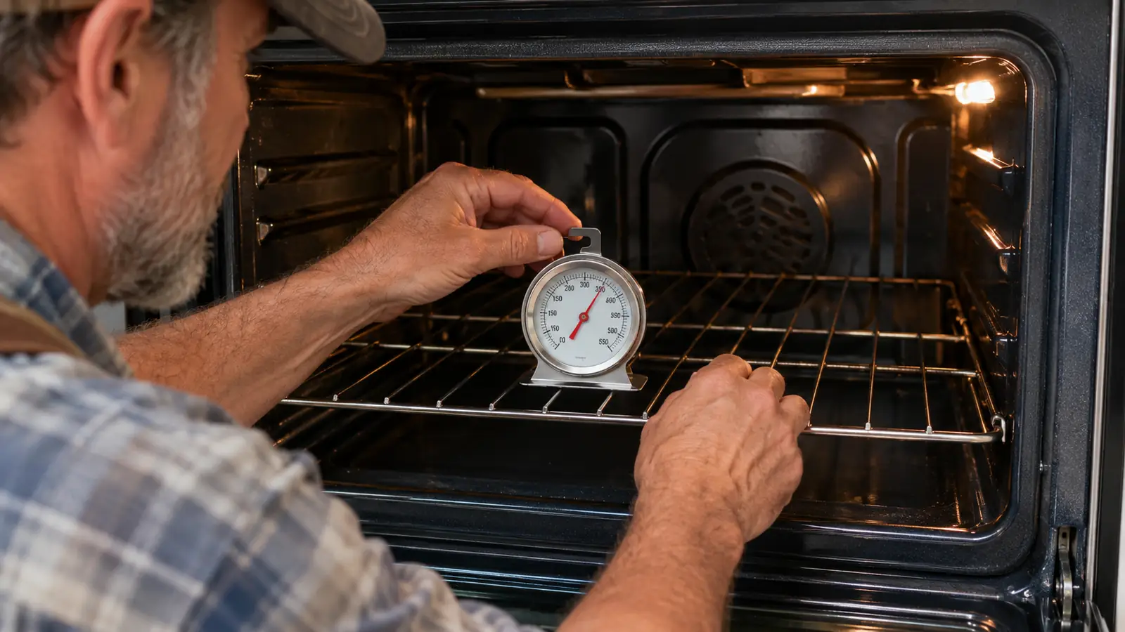 A small dial thermometer with a stainless steel body and a large easy-to-read face resting on an oven rack