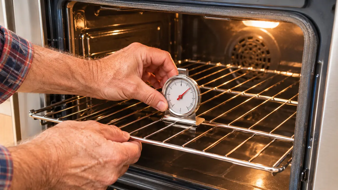 A small analog oven thermometer resting on a wire rack inside an oven