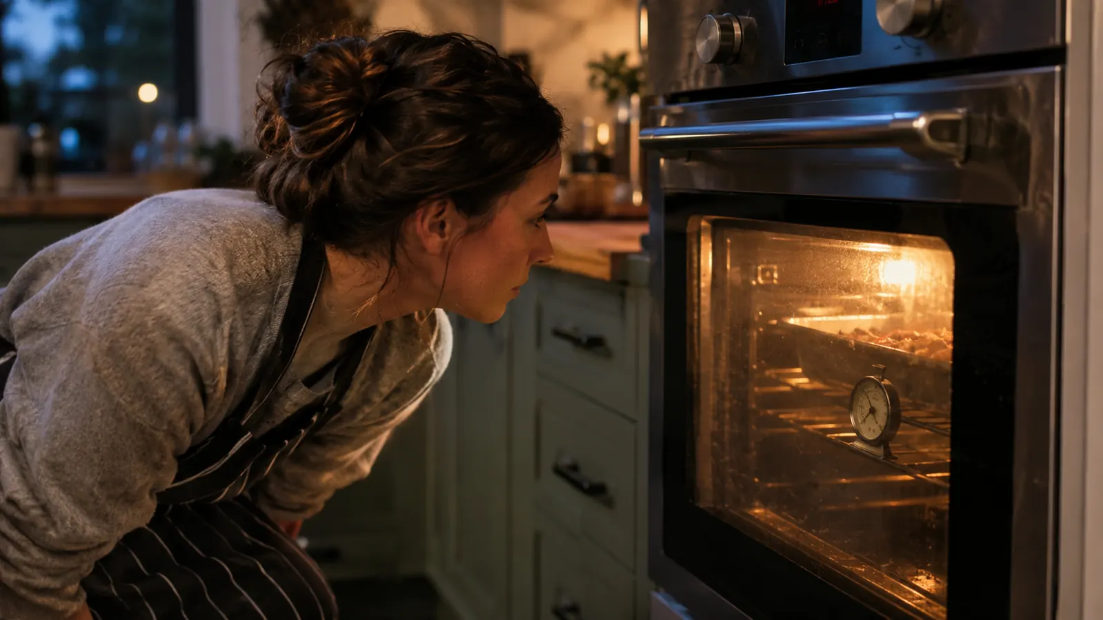 A home baker reading the temperature through the oven door window