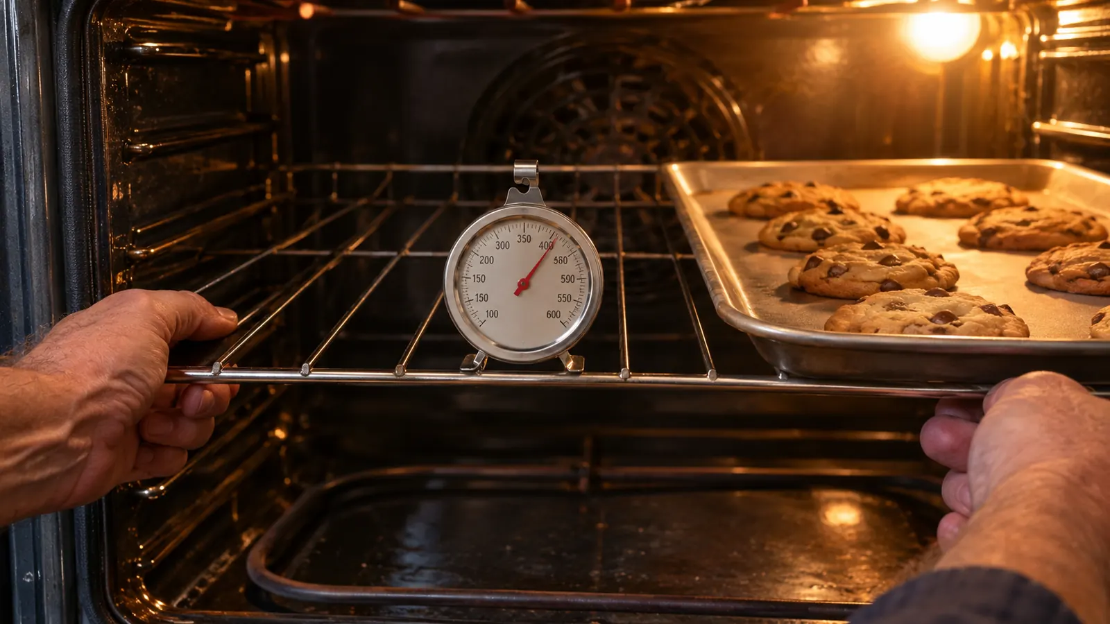 An analog oven thermometer hanging on an oven rack beside a tray of cookies