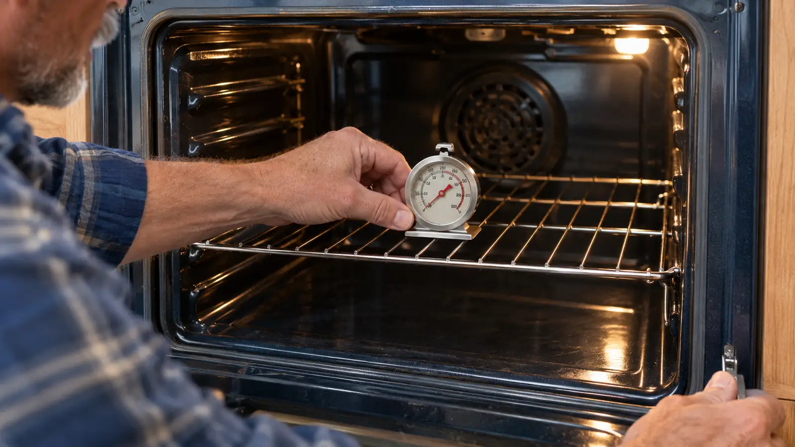 A hand placing an analog oven thermometer on a wire oven rack